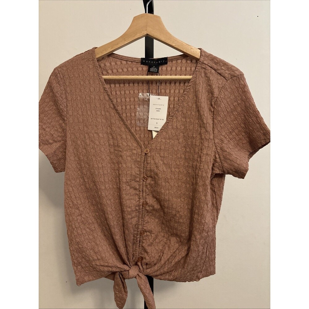 Sanctuary New Top SMALL Button Front Tie Tee Rose Textured Knit